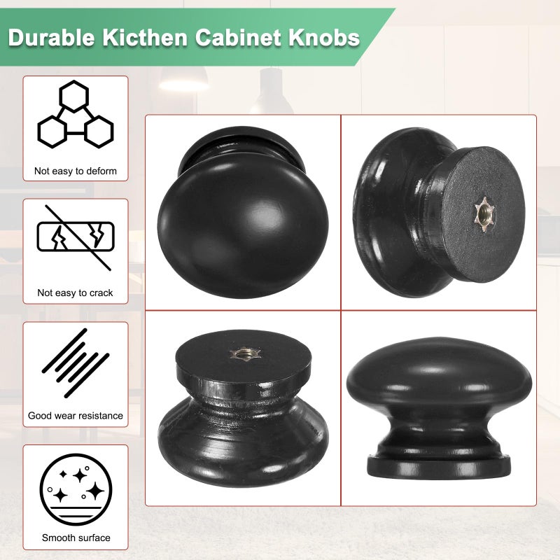 M METERXITY 6-Pack Kicthen Cabinet Knobs, 1-3/8 in(35mm) Solid Wood Round Drawer Pull Handle for Dresser/Office/Cupboard, Drawer Knob Hardware [Black] - Image 2